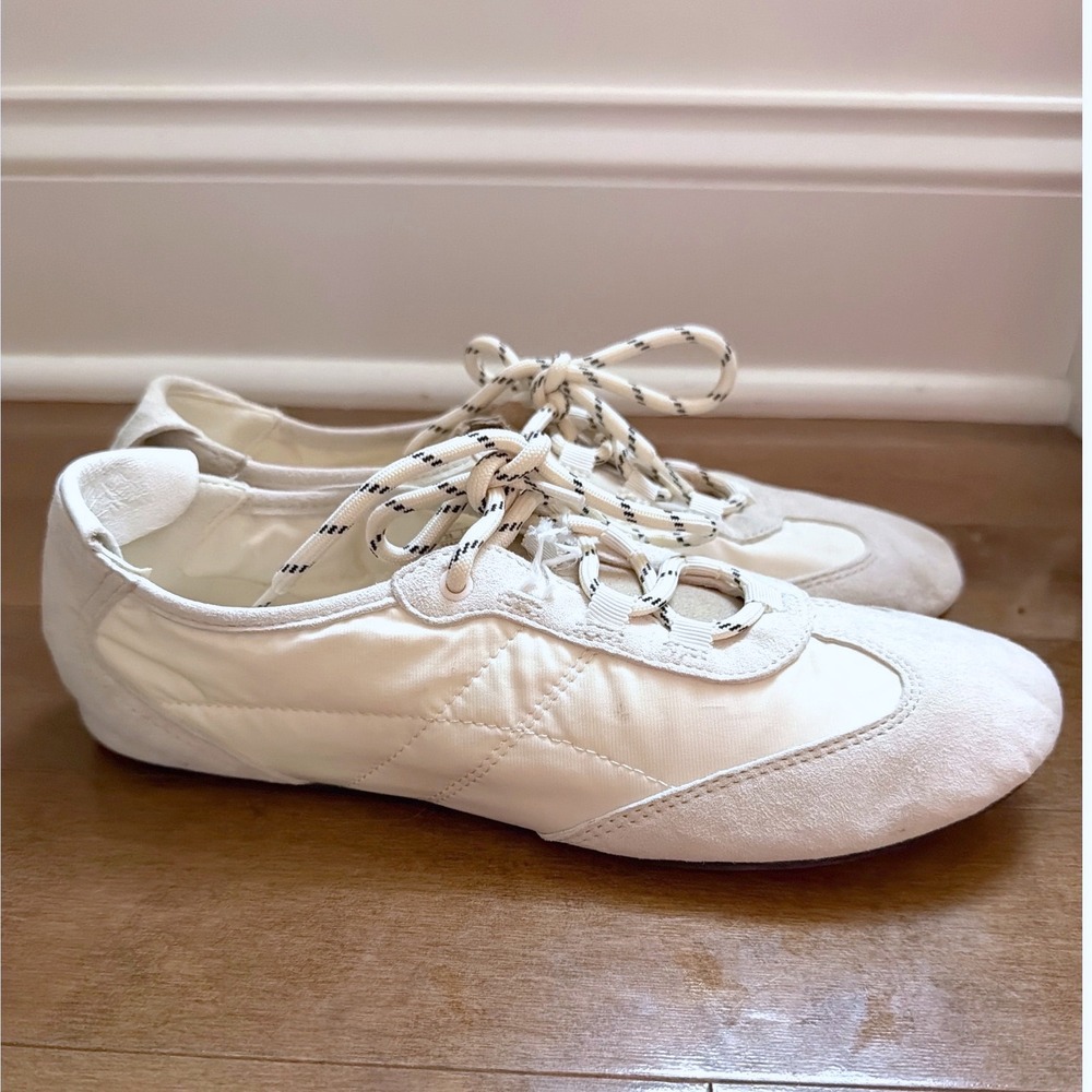 Zara Ballet Sneaker Women 38 Cream Suede Nylon Lace Up Sporty Balletcore Shoe